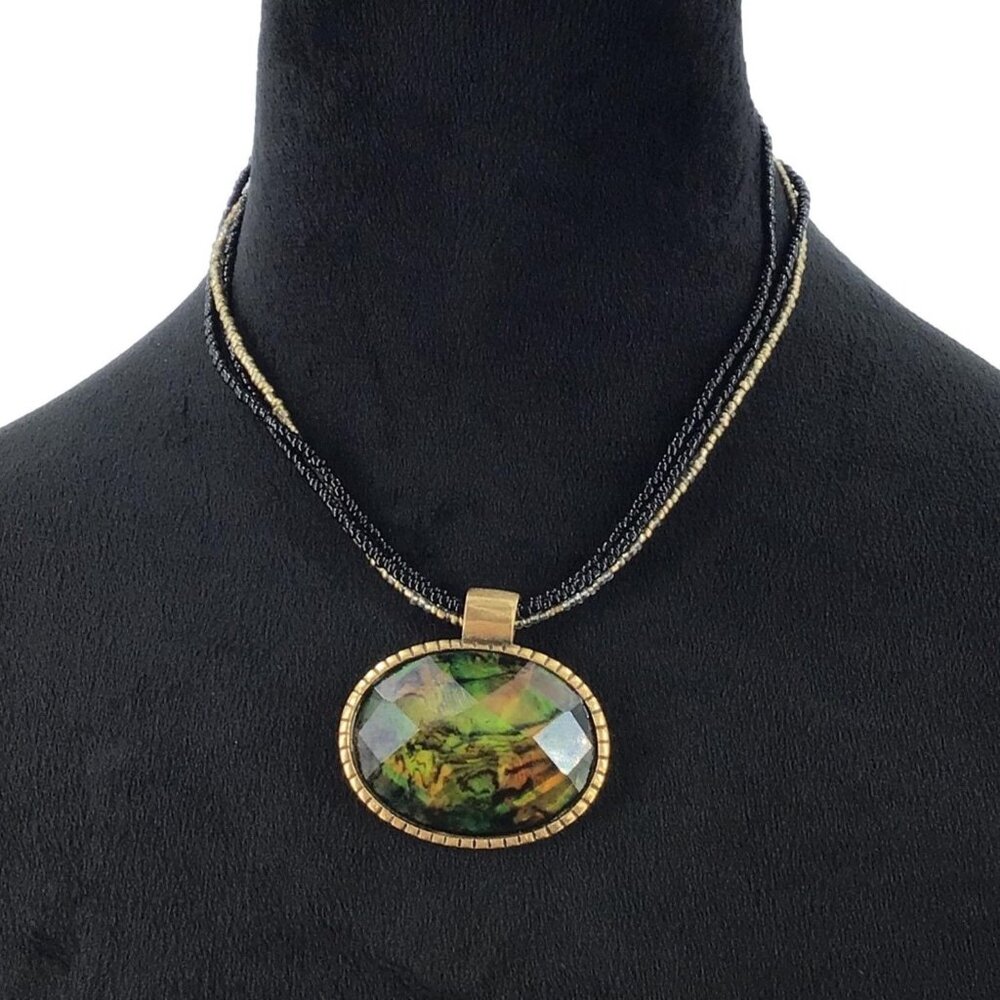 Simulated Labradorite Necklace Triple Strand Beaded Oval Pendant Boho Style Adju